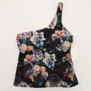 Alex Marie Tankini Top Swim Swimsuit Black Floral Pattern One Shoulder M NWT